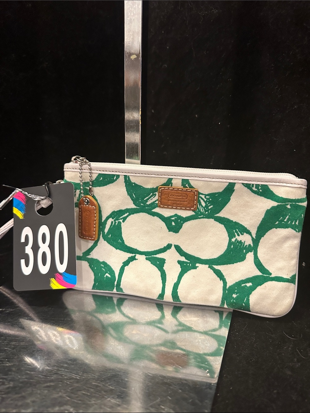 Coach #380 Y2K Hamptons Scribble Green Print Canvas Wristlet Pouch